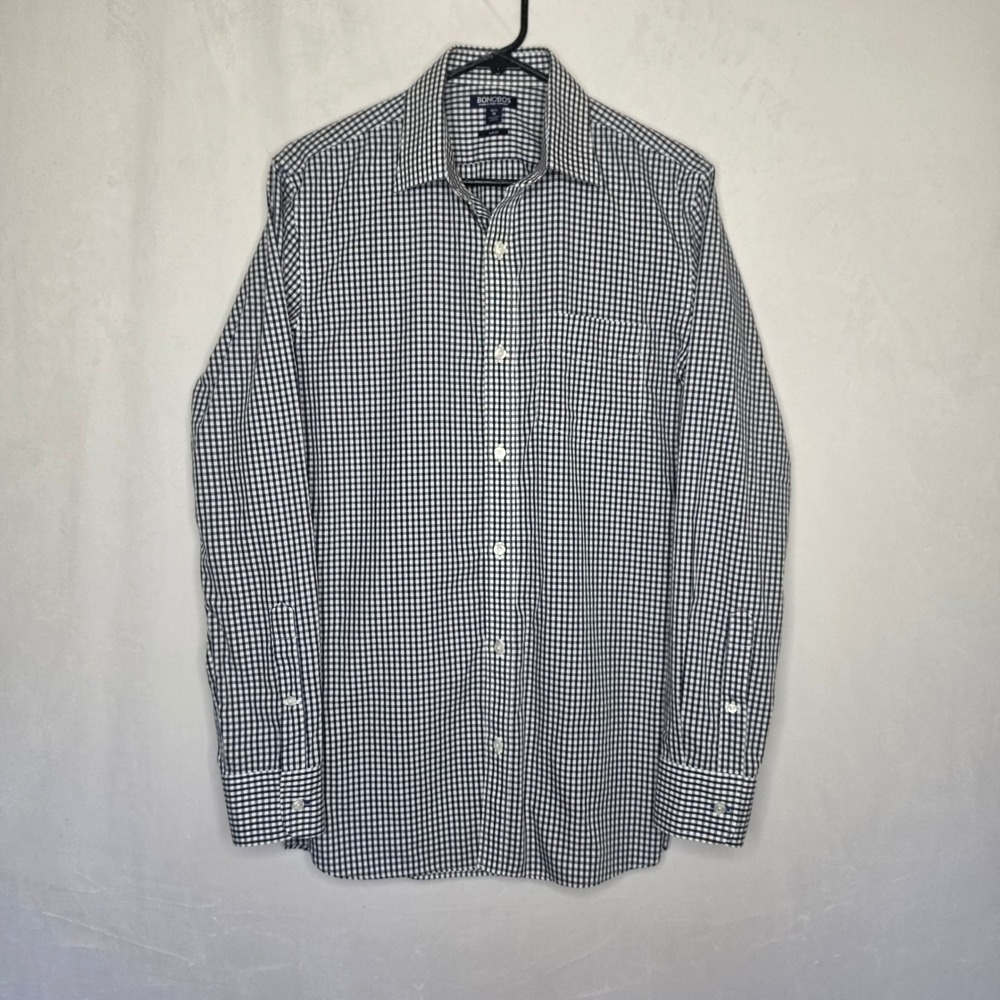 Bonobos Daily Grind Slim Fit Navy Gingham Dress Shirt Mens 15.5×35 Wrinkle-Free